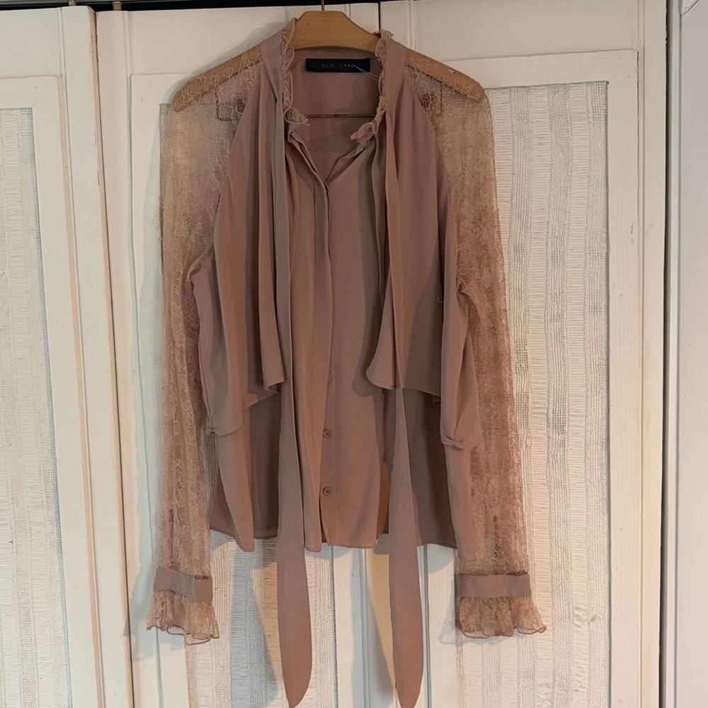 ELIE SAAB Women’s Crepe Lace Sleeve Blouse In mauve Silk Blend Sz 46